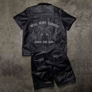 NUEVO Zip up Shirt Shorts Chándal Ropa de calle personalizada Bordado Logo Hombres Cuero Dos piezas Mangas cortas y pantalones cortos - Product Image 2