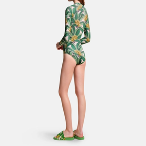 Traje de baño deportivo de cuello alto con estampado tropical verde, diseño de cremallera de manga larga de poliéster de dos piezas con decoración de cremallera - Product Image 6