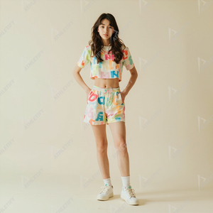 Conjunto de 2 Piezas de Ropa Urbana para Mujer - Camisetas para Niños con Estampado de Letras Básicas, Tops Cortos, Pantalones Cortos de Tejido de Punto con Patrón de Personajes - Product Image 3