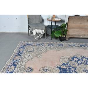 Vintage Turkish Rug 6.9 X 10.2ft <b>Pink</b> Blue Patchwork Design Flat Weave <b>Wool</b> with Latex Backing for Living Room Decorations - Product Image 3