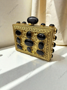 <b>Black</b> Onyx Gemstone Clutch <b>Bag</b> Luxury Womens <b>Evening</b> Box Purse Natural Polished Stone Inlay Gold Frame Statement Handbag - Product Image 4