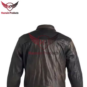 Chaqueta Bomber de Cuero Genuino Marrón para Hombre, Cuello Camisero, Parche en el Pecho, Ribete de Punto, Clásica, Cálida para Invierno - Product Image 5