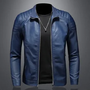 Chaqueta de bombardero personalizada con letras de cuero marrón sin cuello de talla grande con detalle de parche para hombre - Product Image 2