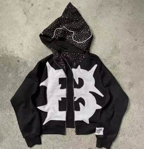 Sweat à capuche unisexe avec logo personnalisé, 100% coton, hiver, strass, fermeture éclair, streetwear de haute qualité, vente en gros - Product Image 3