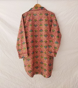 Hermosa mano bloque impreso algodón manga larga dormir camisa Floral colorido novio PJs fiestas tejido salón desgaste de talla grande - Product Image 4