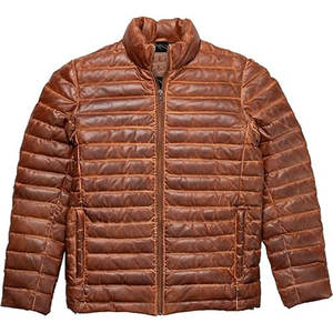 Veste matelassée en cuir vieilli marron pour homme, en cuir véritable de qualité supérieure, rembourrée de duvet, pour l'hiver, avec un design matelassé - Product Image 2