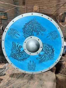 Bouclier rond Viking médiéval fabriqué à la main en bois métal bleu couleur bouclier modèle Antique bouclier personnalisé pour la décoration intérieure - Product Image 6