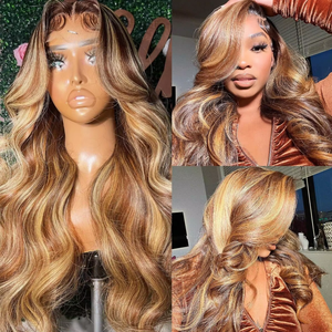 Perruques en cheveux humains avec mèches <span class=keywords><strong>blond</strong></span> miel ondulées, perruque frontale en dentelle, perruques en cheveux humains brésiliens pour femmes, vague lâche en vente - Product Image 2