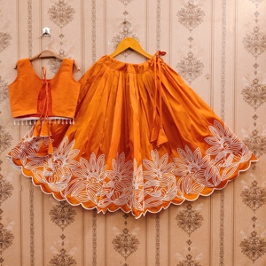 Shoryam Fashion Lehenga Choli pour enfants brodé de fleurs orange |   Vêtements de fête pour filles en gros pour Diwali, mariage, Mehndi - Product Image 2