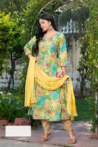 Algodón puro con trabajo bordado Anarkali Top con pantalón y Dupatta - Product Image 3