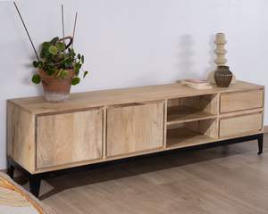 Gola 180 cm meuble TV en bois de manguier massif grandes portes au design moderne niches tiroirs pour chambre salon pour hôtel appartement - Product Image 5