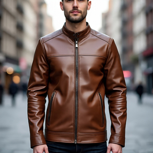 Veste en cuir à fermeture éclair OEM pour hommes, vestes en cuir à col rabattu vintage de style de rue personnalisées, manteau en cuir véritable pour hommes - Product Image 3