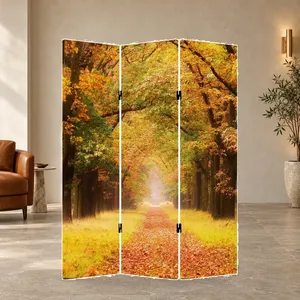 Paravent pliant en toile double face avec motif de sentier forestier jaune doré - Product Image 3