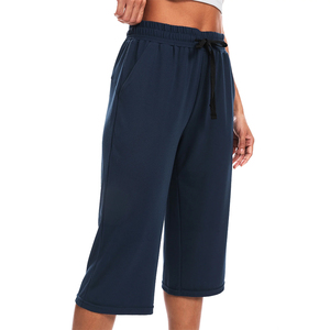 Shorts Largos por Encima de la Rodilla, Color Azul Marino, Hechos de Algodón, para Correr, Gimnasio, Fitness, Deporte, Cintura Elástica, Shorts de Verano para Mujer con Bolsillo - Product Image 3