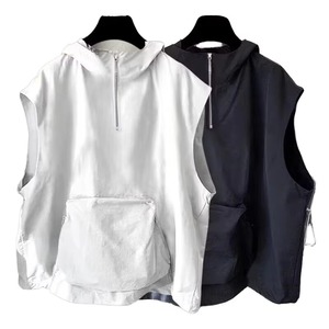 JAC22 W123มีซิปมีฮู้ดแขนกุดผู้ชาย, เสื้อกั๊กทรงหลวมมีสไตล์ผ้าฝ้าย100% สไตล์ลำลองสีพื้น - Product Image 4