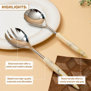 Juego de servidor de ensalada de acero inoxidable más vendido con mango de resina blanca Utensilios ideales para bodas Fiestas y eventos al por mayor - Product Image 5