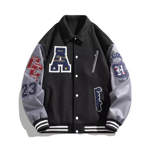 Men's High Quality 100% Cotton College Baseball Varsity Jacket Front <b>Button</b> Wool Body with Embroidered Sleeves for Winter - Product Image 4