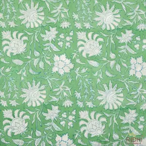 薄荷绿色和白色印度花卉手印块印花棉布面料庭院床单棉布面料