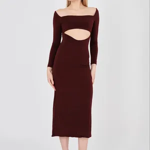 Burgundy Navel Detailed Dress Burgundy Belly Detailed Sand Dress Navel Detailed Long Sleeve Elegant Dress