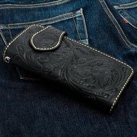 Dompet Kulit Hitam Panjang Model Biker Ukiran Tangan Motif Bunga Barat dengan Kancing Tekan, Produsen OEM Dompet Kulit Panjang