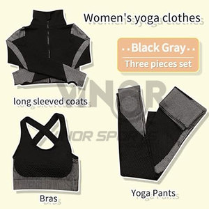 Ensemble de tenues d'entraînement sans couture 3 pièces pour femmes survêtement de sport de yoga avec leggings soutien-gorge de sport extensible entraînement de gymnastique de fitness - Product Image 4