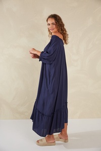 Manga larga estilo bohemio manga larga 100% tela de rayón azul Maxi vestido vacaciones mujeres sin tirantes con vestido de mujer escalonado - Product Image 2