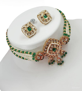 Indian Square Motipearl elegante Kundan & Drop elegante moda tono dorado Kundan perla gargantilla collar con juego de pendientes a juego - Product Image 1