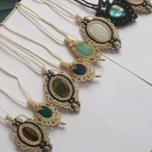 Mode Macramé Fine Vintage En Laiton Pendentif Collier avec Mix Gemstone 15-20mm Multi Couleur Fils Perles Chaînes Cadeau Bijoux - Product Image 1