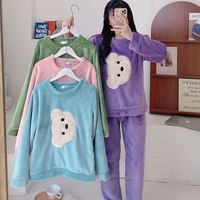 Ensemble pyjama en flanelle d'hiver pour femmes, haut et pantalon à manches longues imprimés de dessins animés, polaire corail doux, vêtements de détente à taille élastique