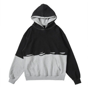 Sweat-shirt à capuche oversize à double couche pour femme, lavage à l'acide, port inversé, couture déchirée sur le devant, survêtement - Product Image 6