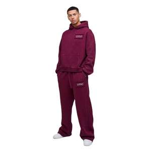 Sudadera con Capucha Extra Grande de Color Borgoña con Logotipo Personalizado, Estilo Holgado, Lavada, Gruesa, con Lavado Ácido, Estilo Vintage, con Apliques - Product Image 1