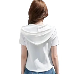 T-shirt coréen slim d'été pour femme, respirant, brodé, imprimé lettres, couleur unie, à capuche, décontracté, court, blanc, noir - Product Image 3