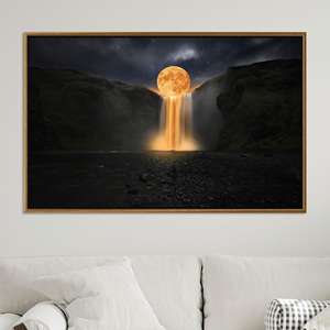 Moonlit Fantasy Waterfall <b>Canvas</b> Print: Enchanting Landscape Art,GOLD <b>FRAMED</b> <b>CANVAS</b> - Product Image 1