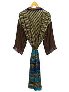 Patchwork Kimono Robe Bikini Cover Up Night Wear Long Robe, hecho a mano indio Vintage reciclado seda Sari Kimono, - Product Image 4