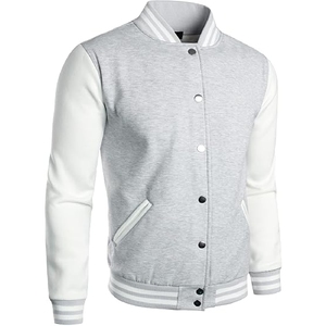 Chaqueta Varsity Clásica para Hombre en Gris Jaspeado y Blanco, Estilo Bomber con Ribete Acanalado a Rayas - Product Image 6