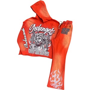 Streetwear personnalisé, pulls à capuche et pantalons évasés, lavage en fondu avec motif sérigraphié, ensemble de survêtement assorti en deux pièces - Product Image 5