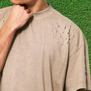 Camiseta desgastada de manga corta extragrande de algodón 100% de calidad superior Color sólido con efecto desgastado - Product Image 4