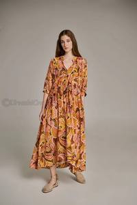 ขายส่ง 2024 Vคอสั้นชุด 3/4 แขนปุ่มเทปบนบริเวณหน้าอกแฟชั่นผ้าฝ้ายสบายๆโบฮีเมียนชุดสตรี - Product Image 2