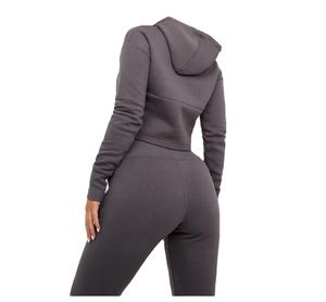 Survêtement deux pièces uni en molleton de coton 100%, coupe ajustée, impression personnalisée, pullover, survêtements de sport pour femmes - Product Image 2