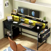 Escritorio Gamer Pequeño OEM con Control Remoto y Luz RGB para Adolescentes, Escritorio de Computadora de Metal y Madera con Tomas de Corriente y 2 Cajones