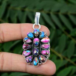 Pendentif Multi-Turquoise en Argent Sterling Naturel Kingman et Dahlia Rose Cadeau pour Noël - Product Image 1