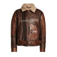 Blouson en cuir vieilli pour homme, style motard, en peau de mouton B3, avec doublure Sherpa, décontracté, mode moto, vintage, type bomber