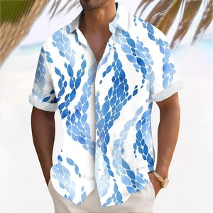 Camiseta de poliéster/algodón con estampado floral 3D azul unisex, camisa transpirable ligera de manga corta informal de secado rápido con botones en la parte delantera - Product Image 2