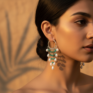 Boucles d'oreilles pendantes en argent 925 avec perle d'eau douce pour femmes, turquoise avec motif de fleur d'émeraude, bijoux plaqués or vintage - Product Image 2