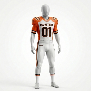 Maillot de football américain personnalisé blanc et orange, pantalon rembourré, uniforme d'équipe numéro 01, vêtements de sport respirants en polyester, OEM - Product Image 1