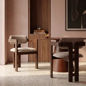 SILLA DE COMEDOR CURVA CON ESTRUCTURA DE MADERA COLOR NUEZ MARRÓN, ASIENTO Y RESPALDO Acolchados GRIS - Product Image 2
