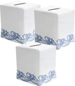 Embroidery Blue Fishes Tissue Box Cover Square Tissue Holder Cover High Quality 100% Linen Home Hotel Decoration