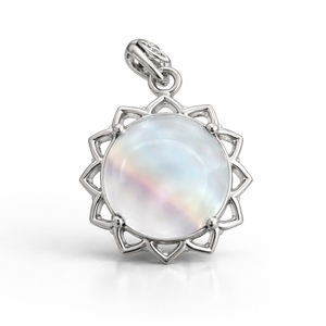 Handmade Minimalist Sterling Silver Rhodium Plated 12mm <b>Moonstone</b> Round Flower Classic <b>Pendant</b> Unisex Fine Jewelry Gift - Product Image 5