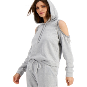 INC International Concepts Felpa con cappuccio da donna grigia di taglia media con frange sulle spalle in tessuto lavorato a maglia traspirante - Product Image 1