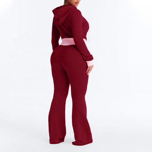 New Casual Distressed Women's <b>Burgundy</b> <b>Cropped</b> Hoodie With Pink Trim 2Piece Set Full Sleeve Knitted Polyester/Cotton Custom Set - Product Image 2